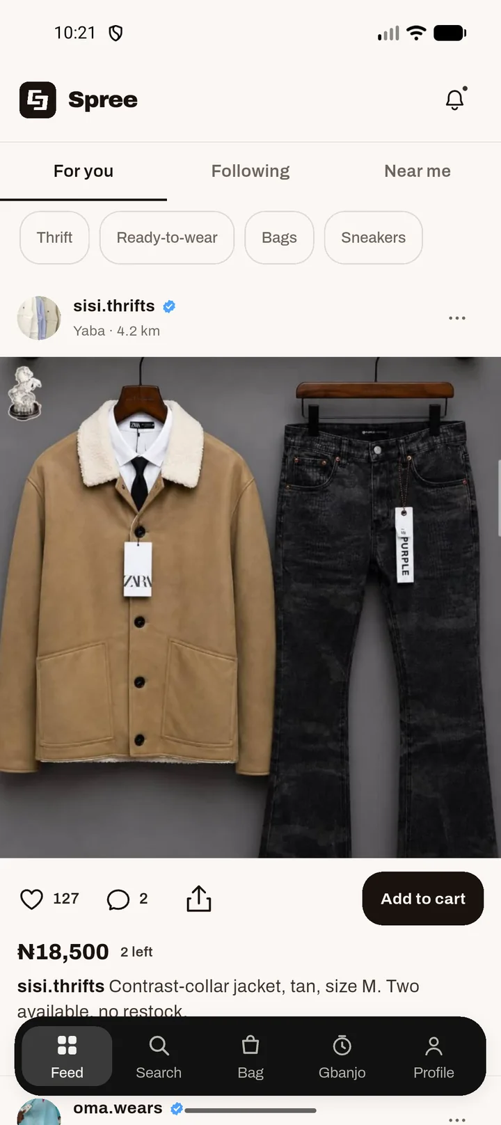 The Spree feed: a tan contrast-collar jacket from sisi.thrifts in Yaba, ₦18,500, 2 left, with an Add to cart button.