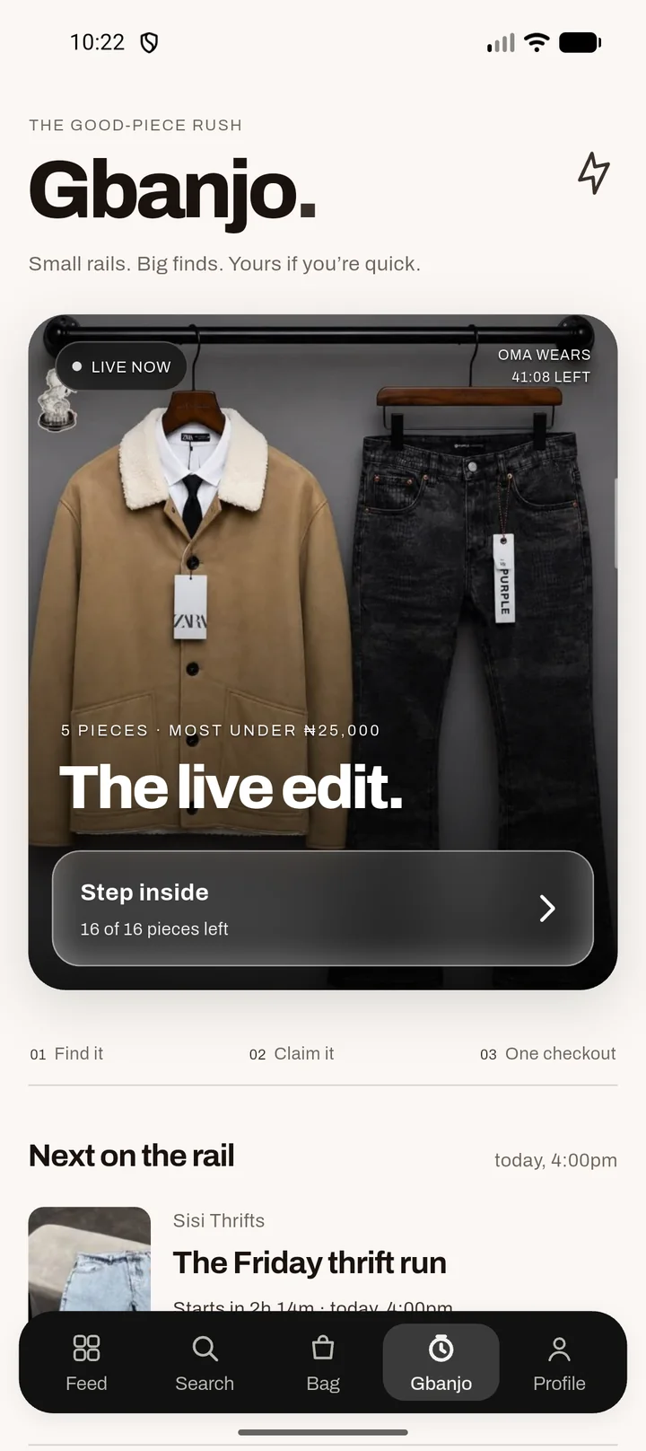 Gbanjo in the Spree app: The live edit, live now from oma.wears, 16 of 16 pieces left.