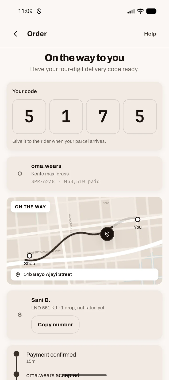 Spree's order screen: on the way to you, your delivery code 5 1 7 5 and the rider's route on a map.